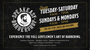 Speakeasy Barbershop poster featuring hours, contact info, and services like haircuts and shaves at your neighborhood barbershop.