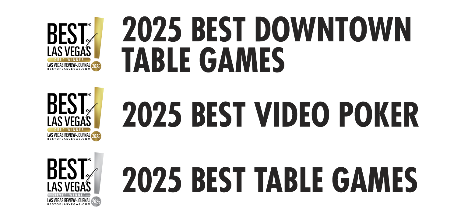 Three Best of Las Vegas gold 2025 award badges for table games, video poker, and slots on a light background.