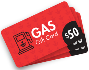 Three red $50 gas gift cards, featuring a gas pump icon and bold white text that says GAS Gift Card..