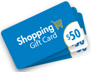 Three blue shopping gift cards, each valued at $50, with a shopping cart icon on the front.