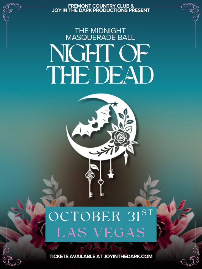 Masquerade ball poster with a moon, bat, roses, and keys; event on October 31st in Las Vegas.